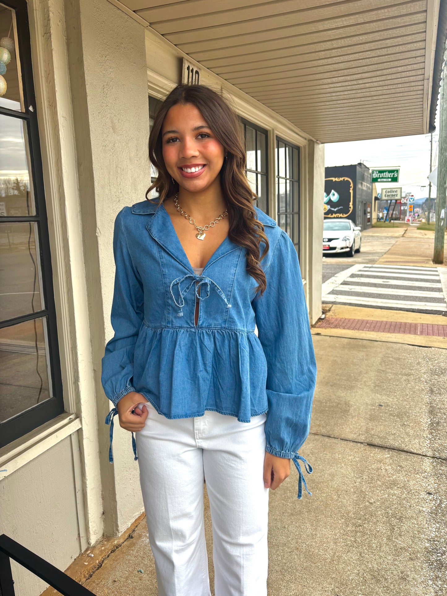 Tied Denim Long Sleeve Top