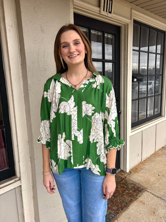 PLUS SIZE- Green Floral Blouse